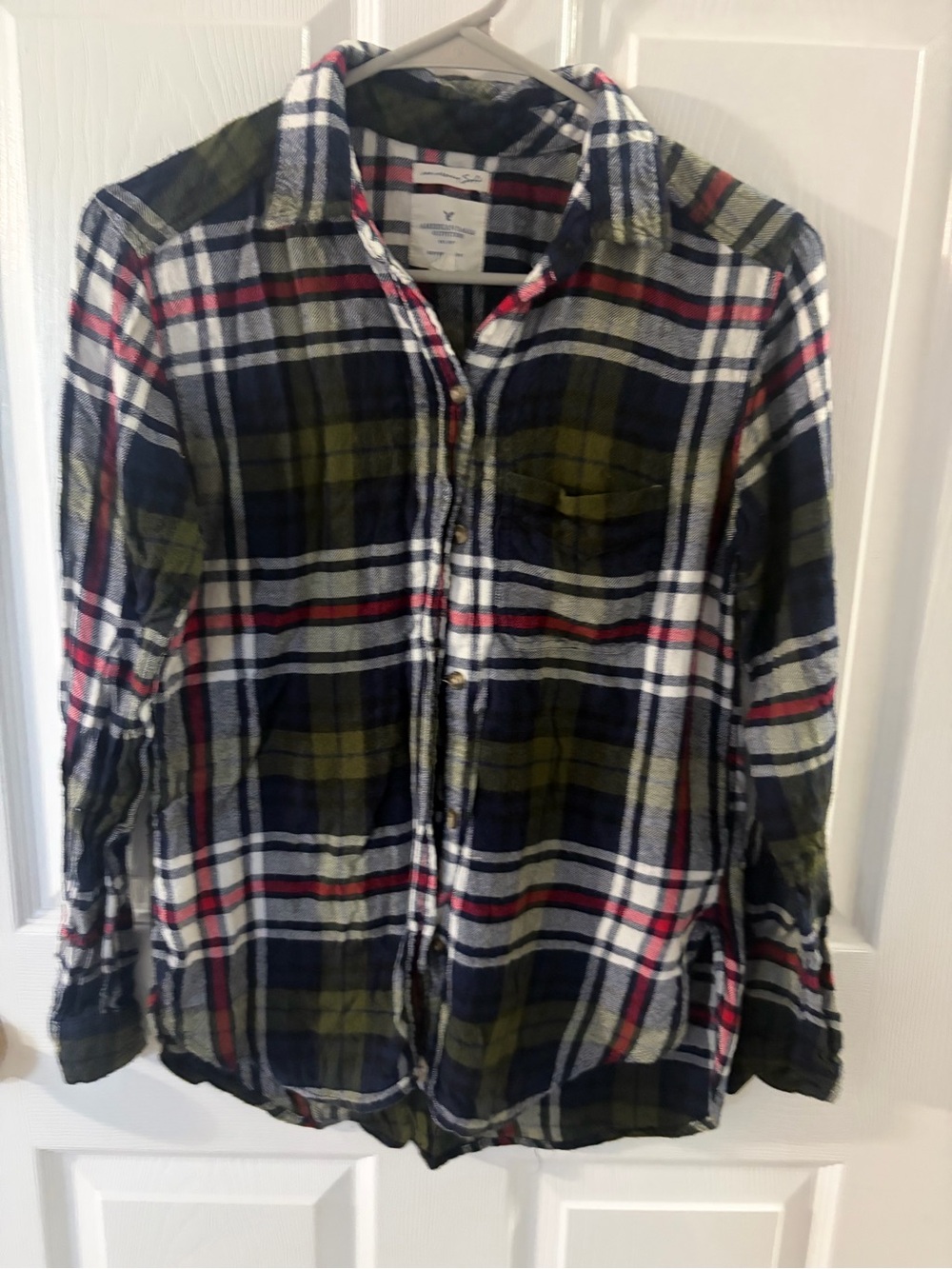 American Eagle Outfitters Olive, Navy & White Plaid Button-Down